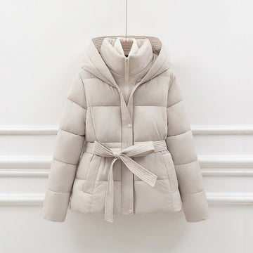 Women's jacket with hood, padded, with belt - relaxed fit