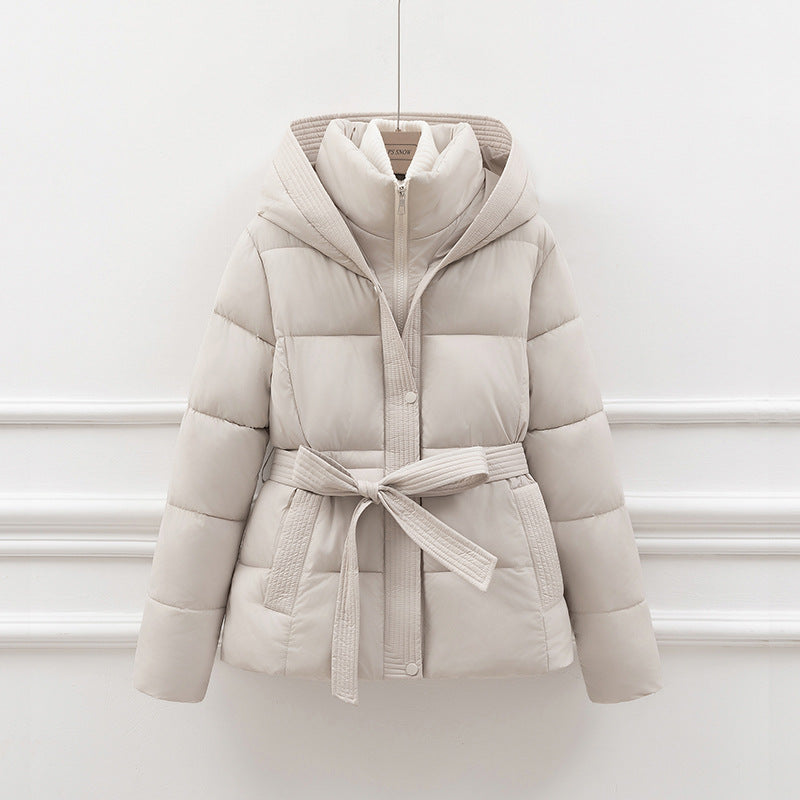 Women's jacket with hood, padded, with belt - relaxed fit