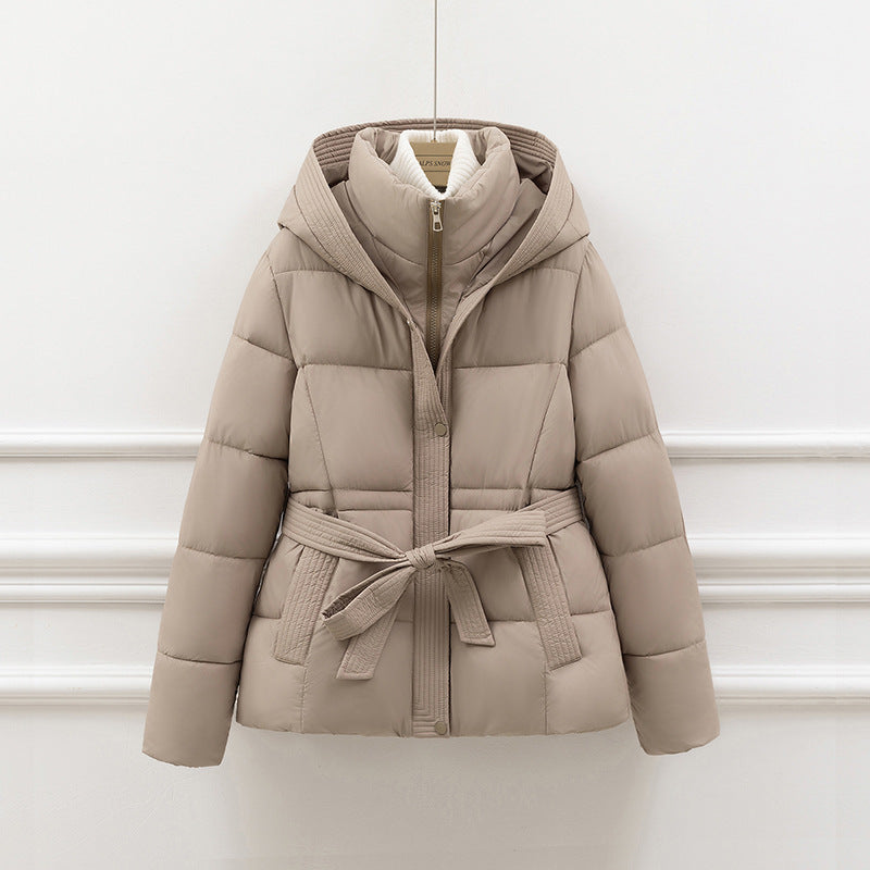Women's jacket with hood, padded, with belt - relaxed fit