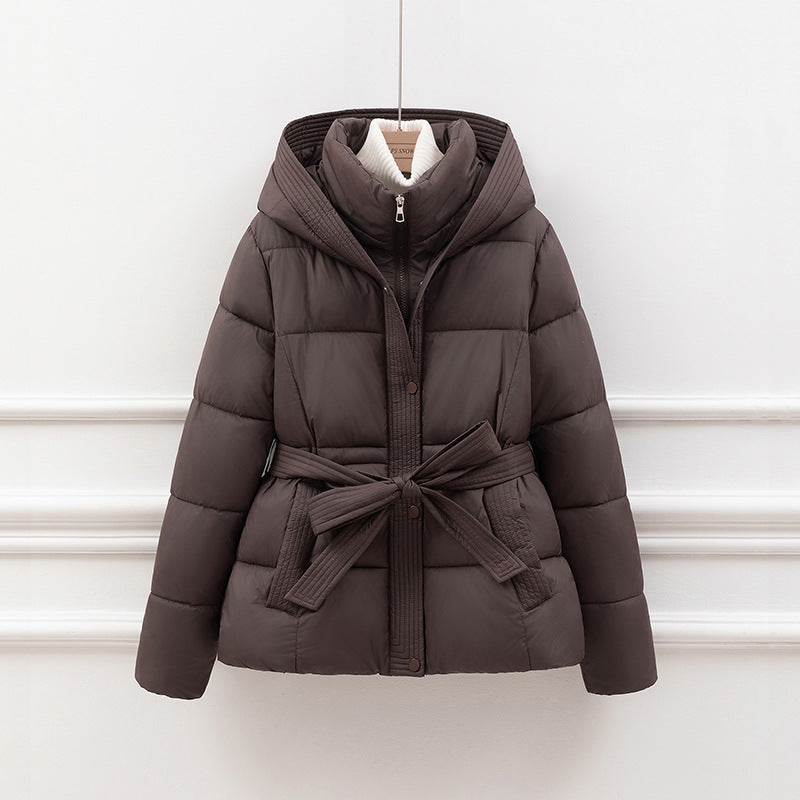Women's jacket with hood, padded, with belt - relaxed fit