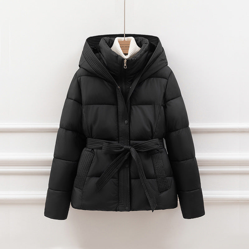 Women's jacket with hood, padded, with belt - relaxed fit