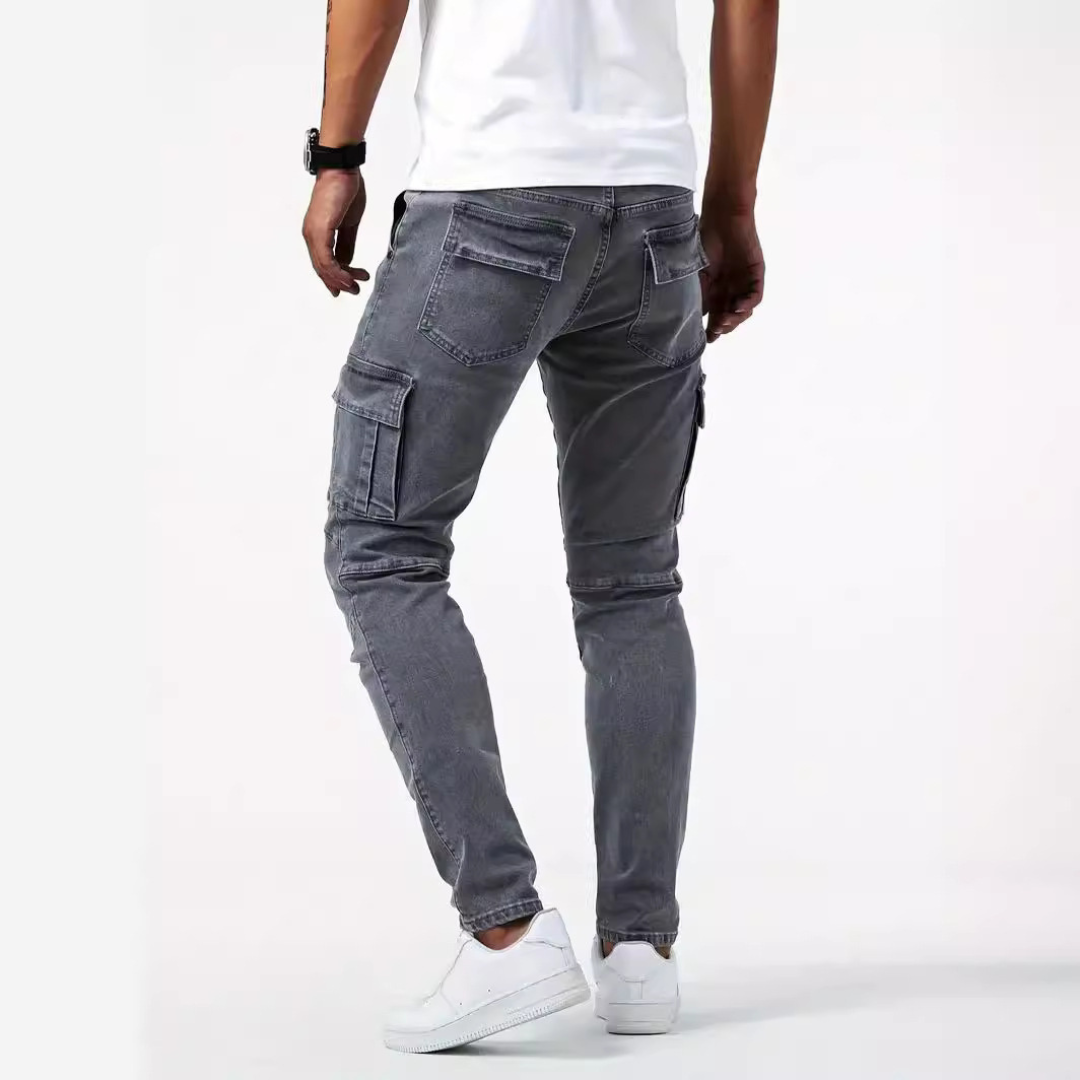 Men's Cargo Jeans Slim-Tapered with Thigh Flap Pockets – Knee Panels, Stretch, Mid-Rise