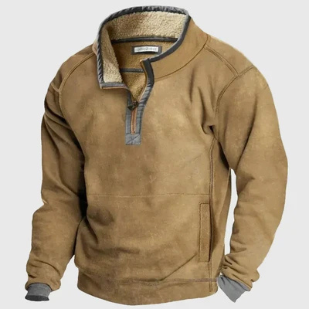 Men's Half-Zip Sweater with Stand Collar and Contrast Elbow Patches, Relaxed Fit