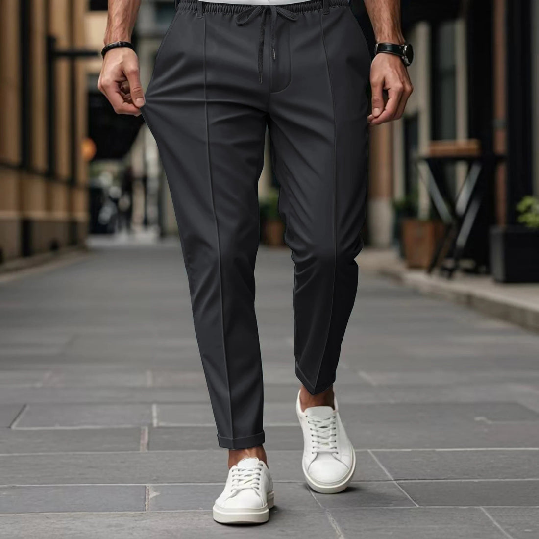 Men's Pants with Elastic Waistband and Tie Belt - Straight Leg, Front Pleat, Tailored Look