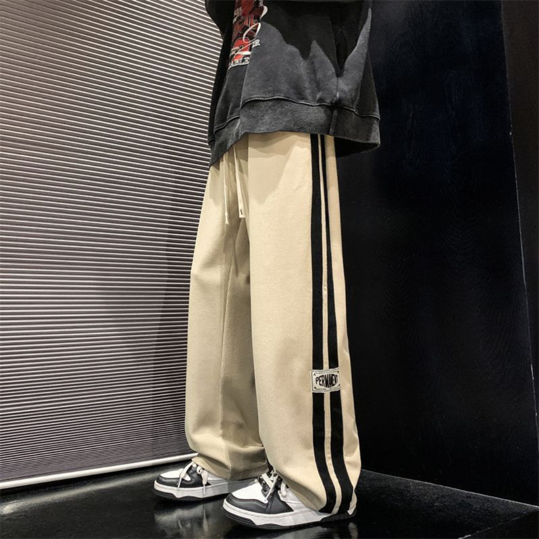 Men's Pants with Double Side Stripes – Elastic Waistband with Drawstring, Wide Fit