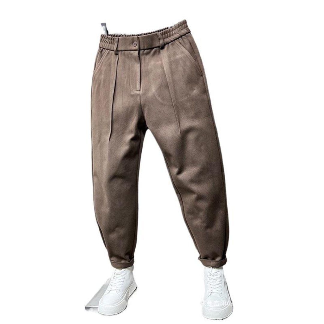 Men's Pleated Trousers: Waistband with Belt Loops, Elastic Waistband, Front Pleats, Tapered Leg Finish