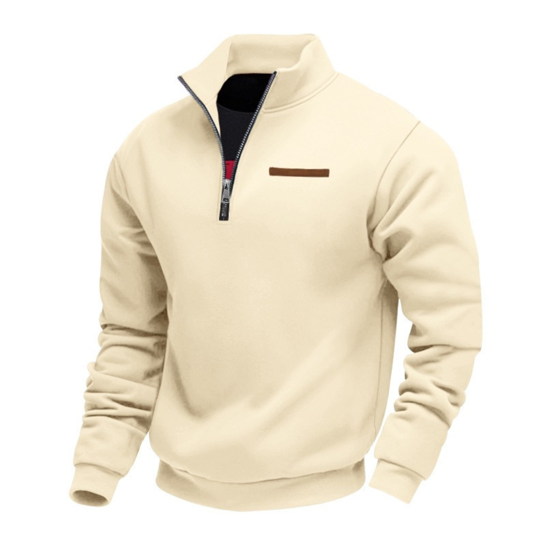 Men's Sweater with Stand Collar – Half Zipper, Relaxed Cut, Chest Patch