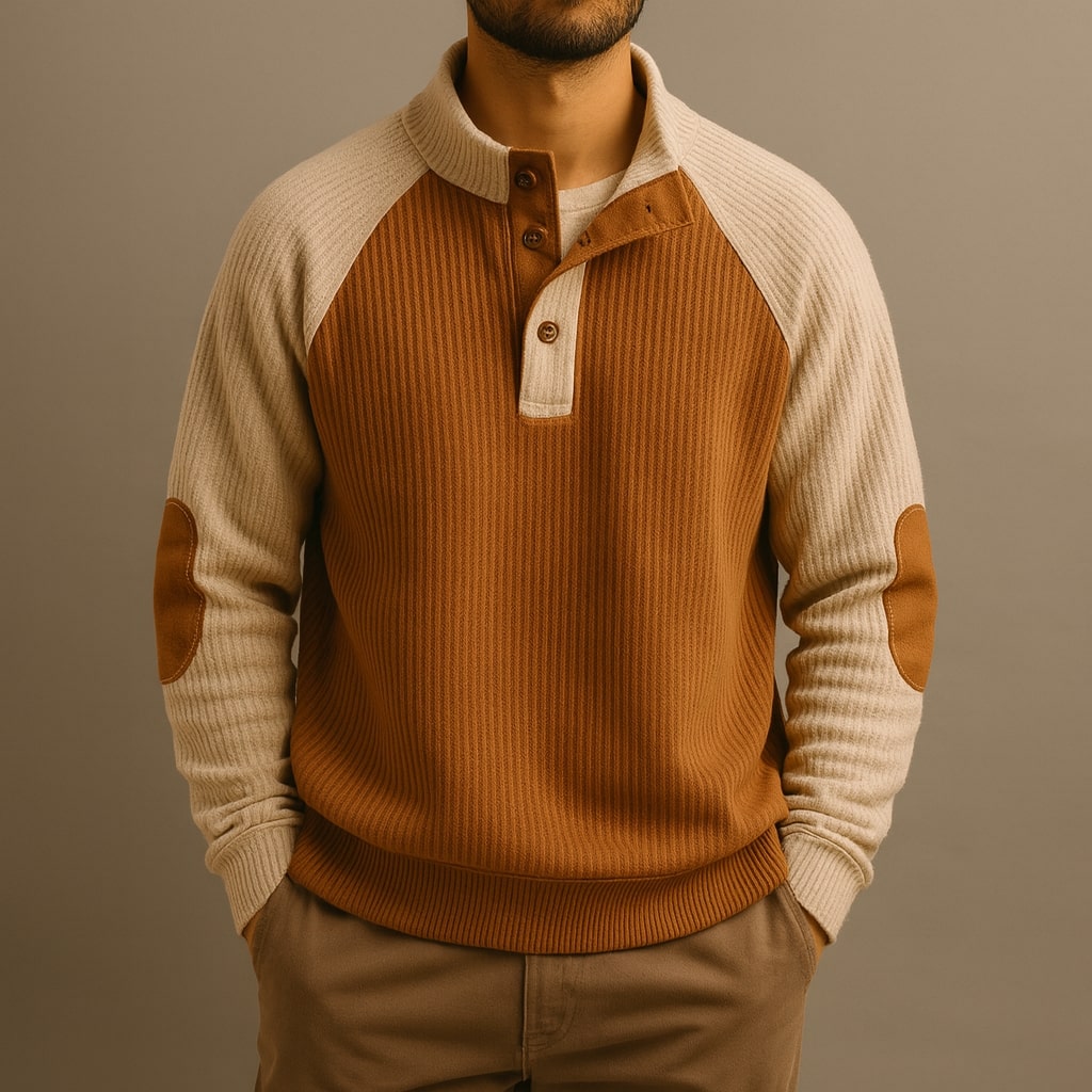 Men's Sweater with Stand Collar, Button Placket and Raglan Sleeves