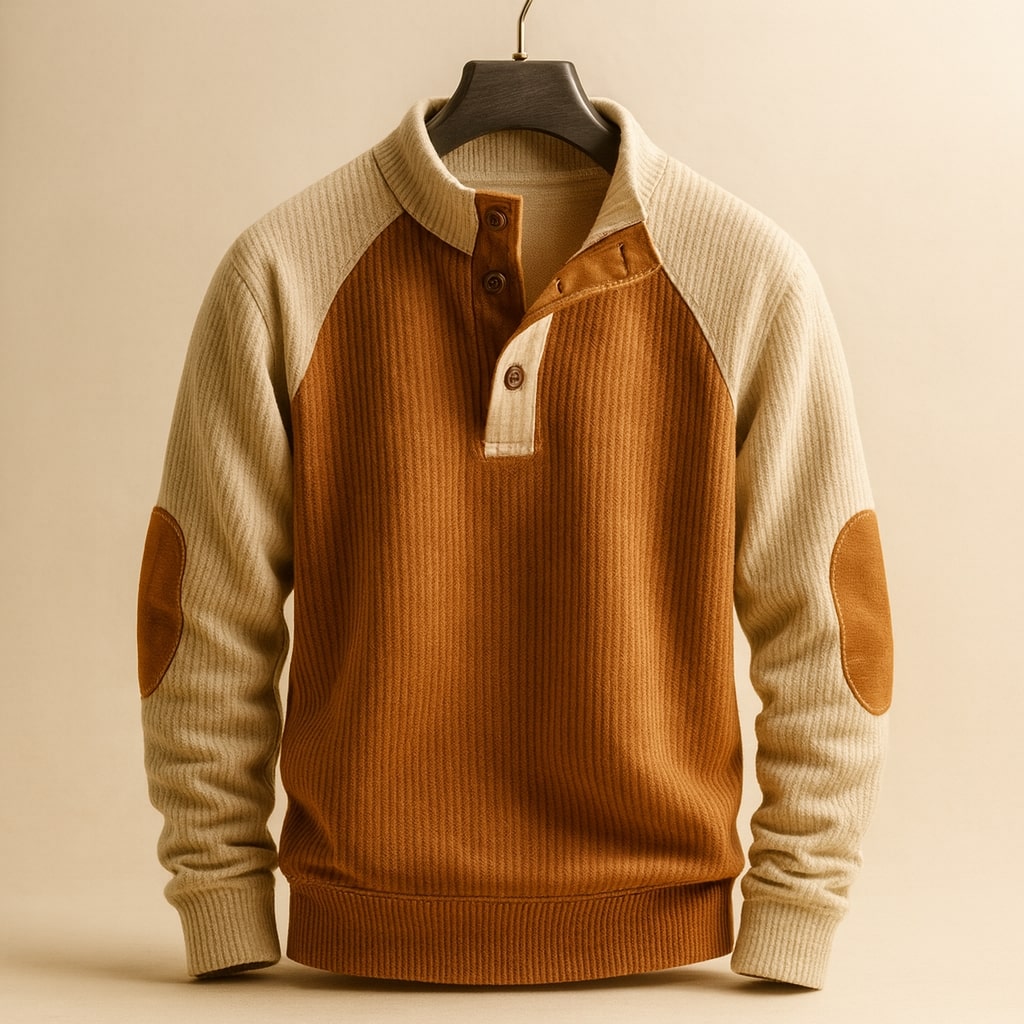 Men's Sweater with Stand Collar, Button Placket and Raglan Sleeves