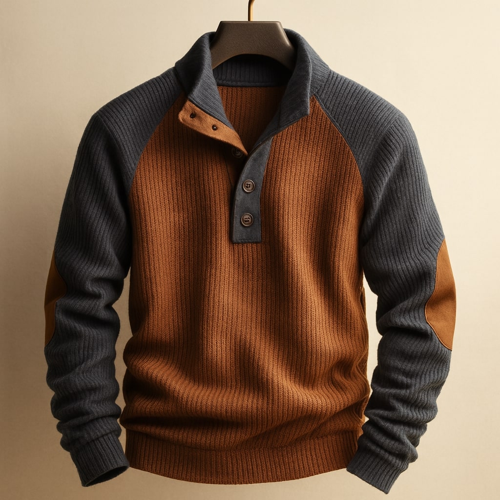 Men's Sweater with Stand Collar, Button Placket and Raglan Sleeves