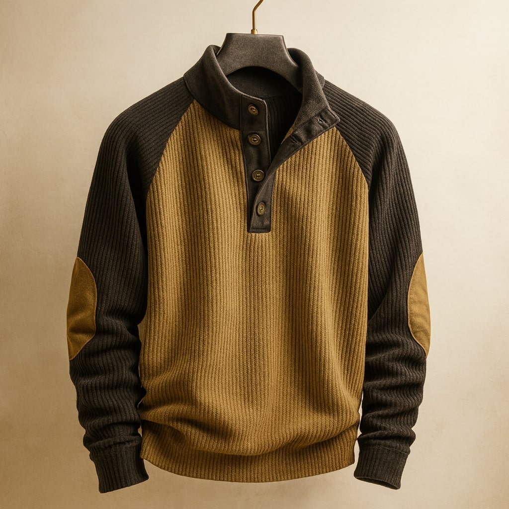Men's Sweater with Stand Collar, Button Placket and Raglan Sleeves