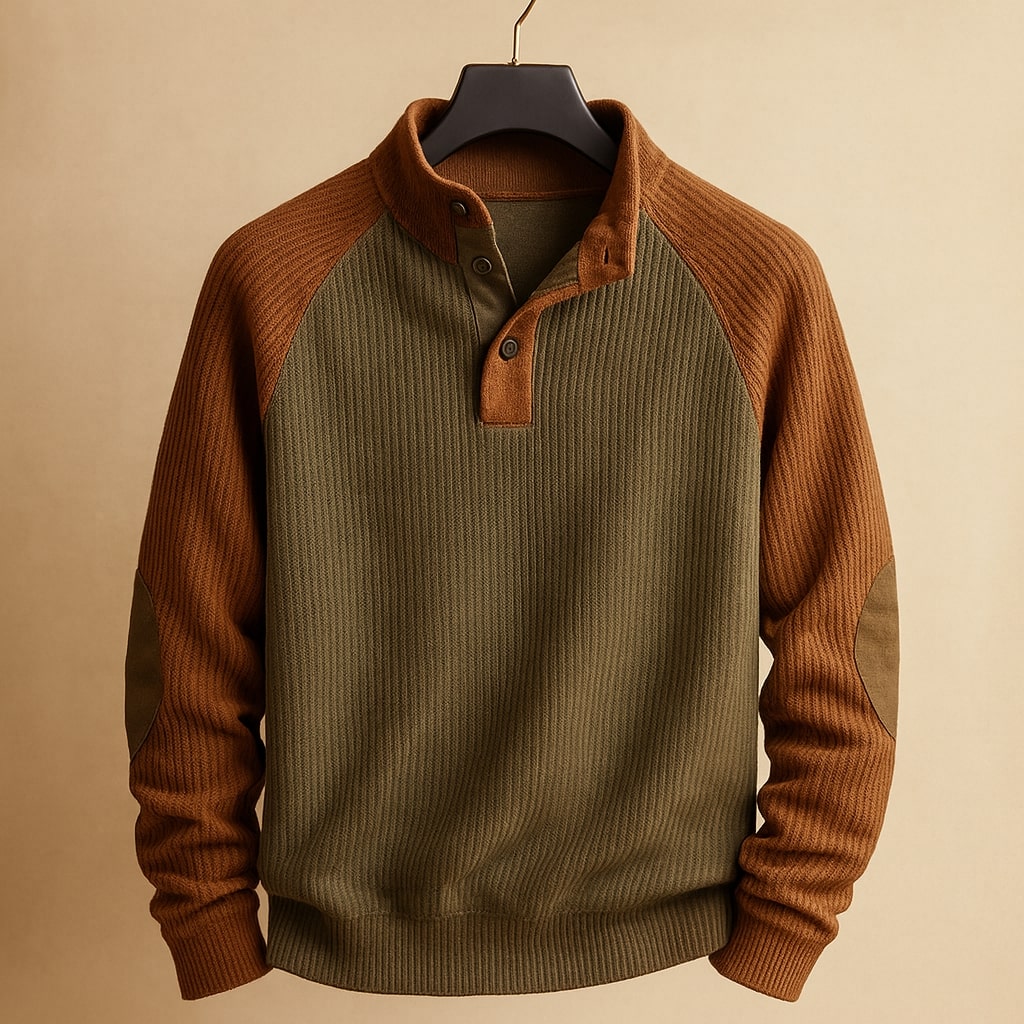 Men's Sweater with Stand Collar, Button Placket and Raglan Sleeves