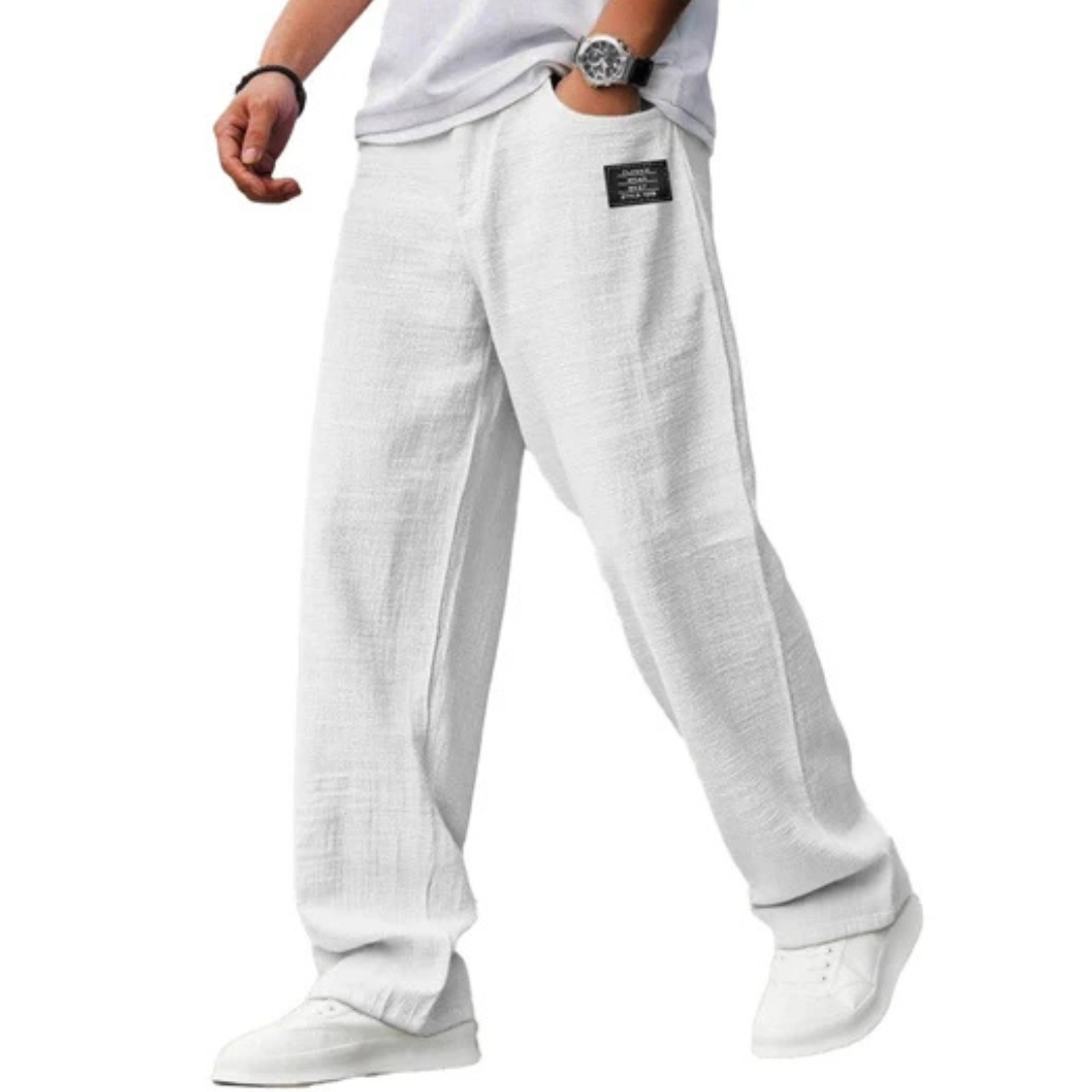 Men's Straight-Leg Pants – Elastic Waistband with Drawstring, Side Pockets, Elastic Waist, Straight Leg, Patch Detail