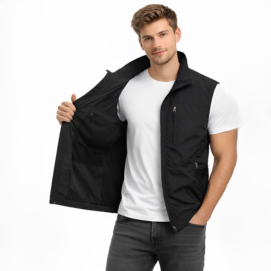 Men's Vest with Zipper, Stand Collar, Four Zipper Pockets - Regular Fit