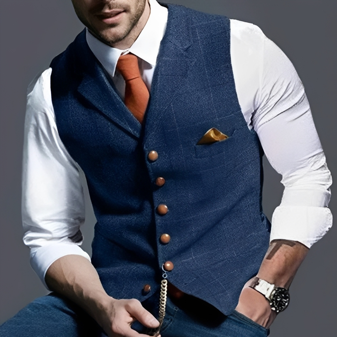 Men's Vest Slim Fit Single-Breasted Button Front Notch Lapel Windowpane Pattern Chest Pocket Watch Chain Detail