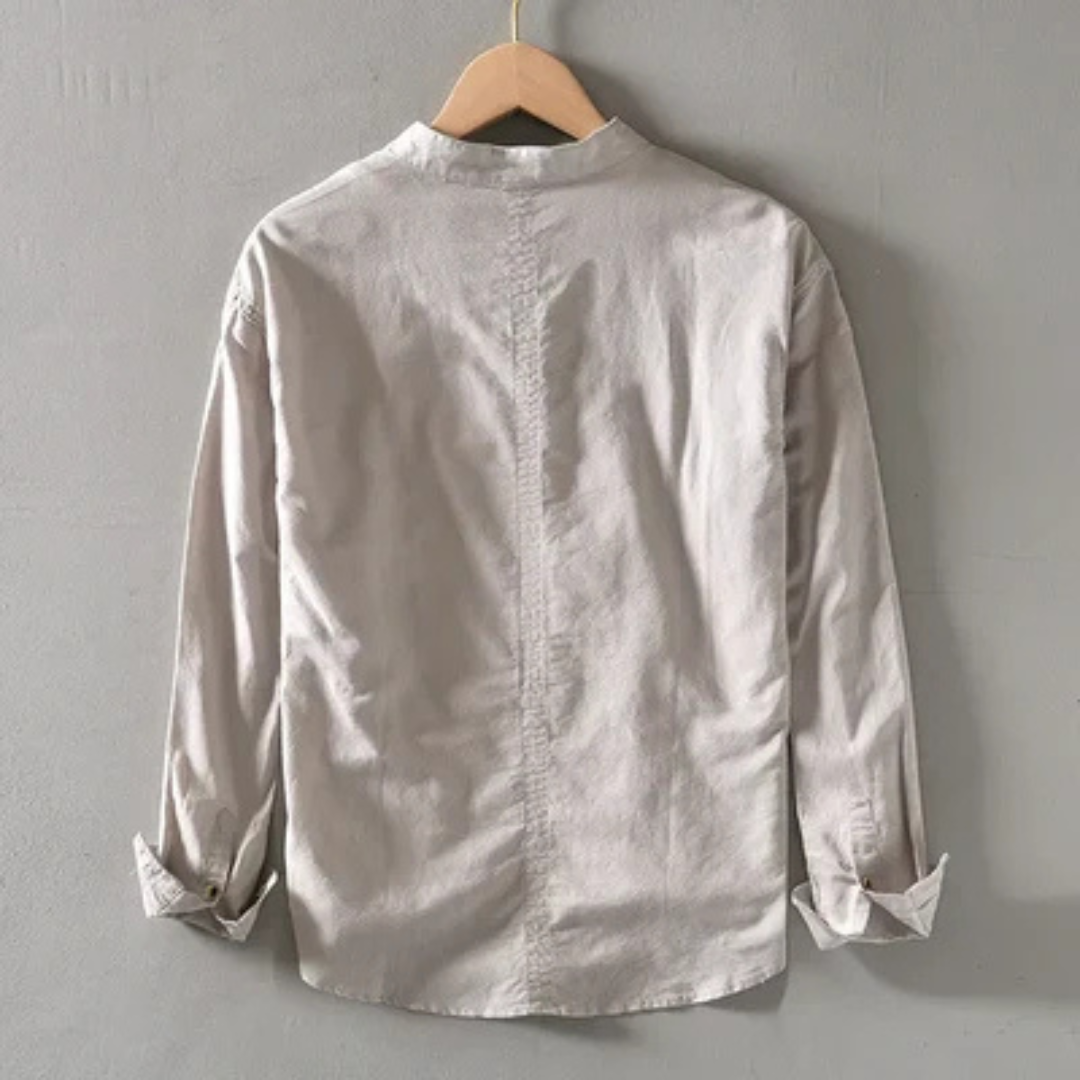 Men's Shirt Band Collar Long Sleeve with Four-Button Placket – Loose Fit