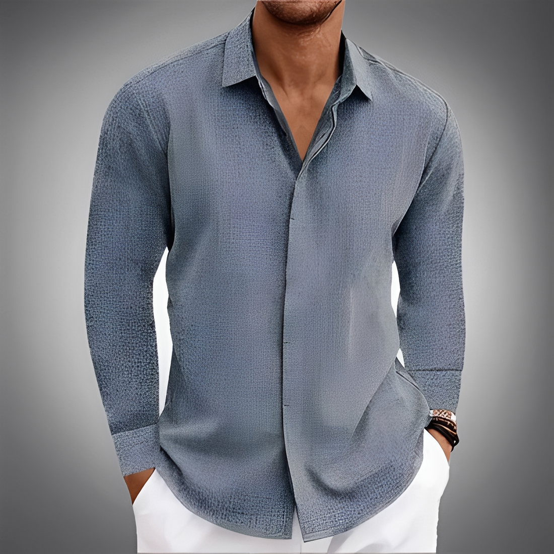 Men's Long Sleeve Shirt With Kent Collar + Concealed Button Placket – Loose Silhouette