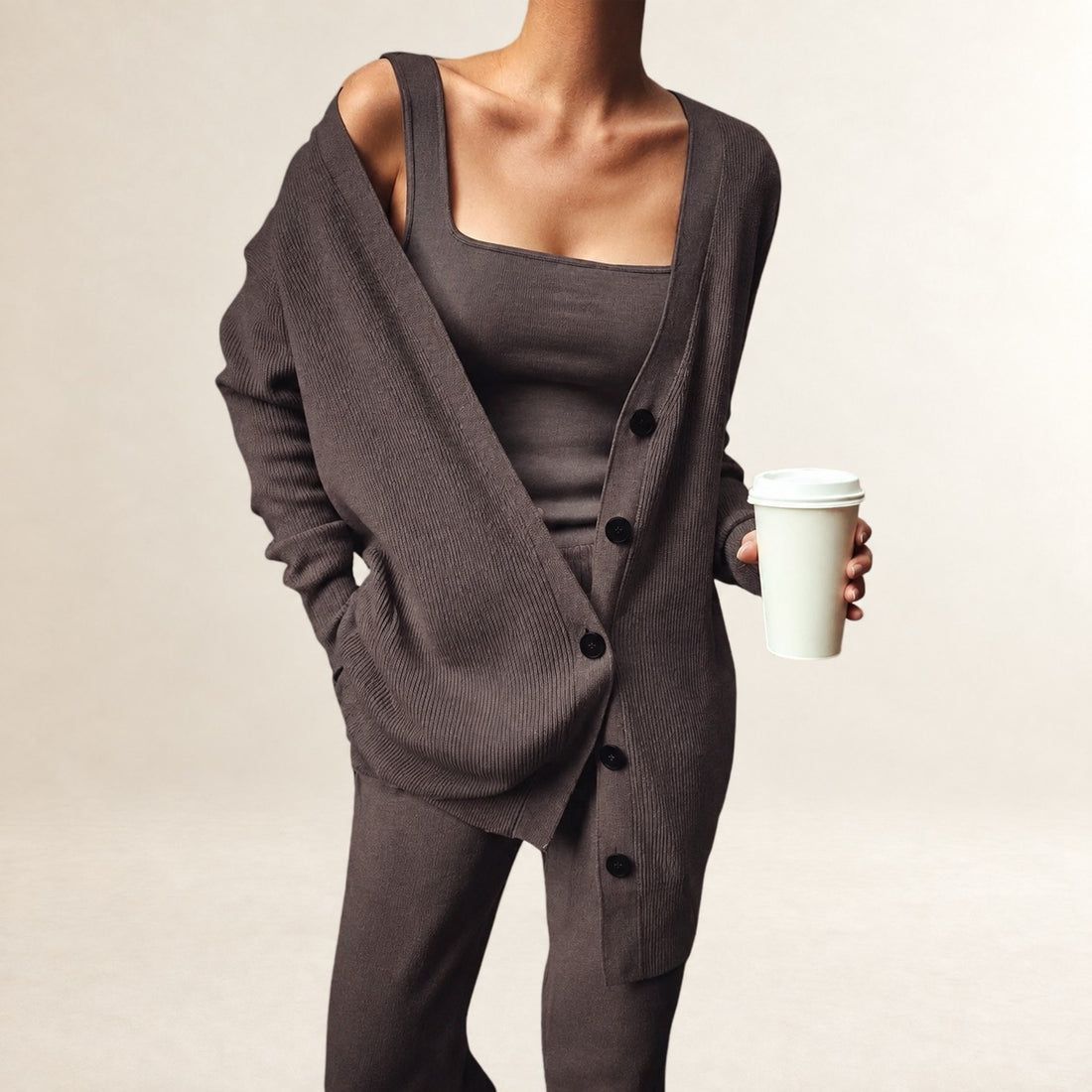 3-Piece Set for Women Long-Sleeve V-Neck Button Cardigan, Square-Neck Tank & Elastic-Waist Wide-Leg Pants, Relaxed Fit