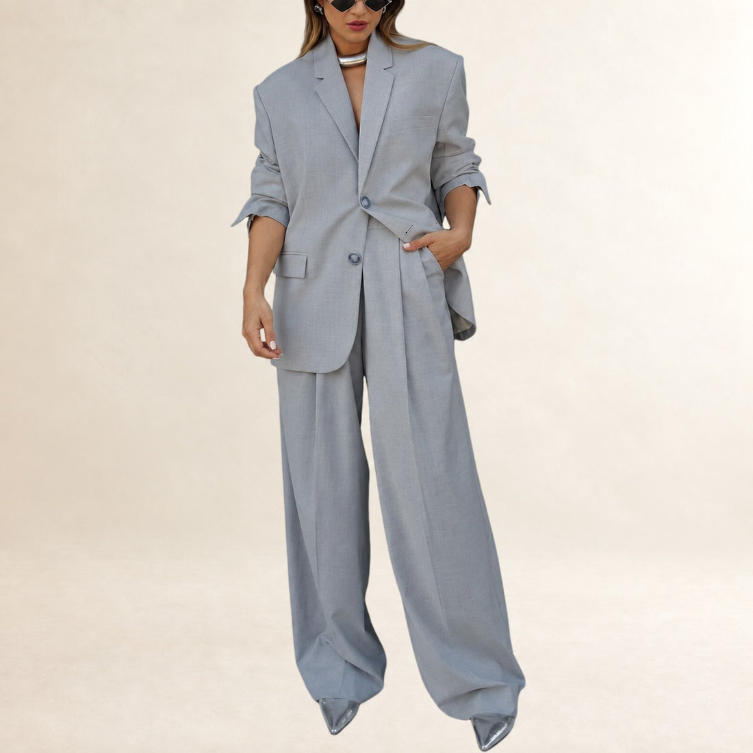 Blazer and Pants Set, Women's Two-Tone Lapel Blazer, Oversized Single-Breasted Jacket and High-Waist Pleated Wide-Leg Pants