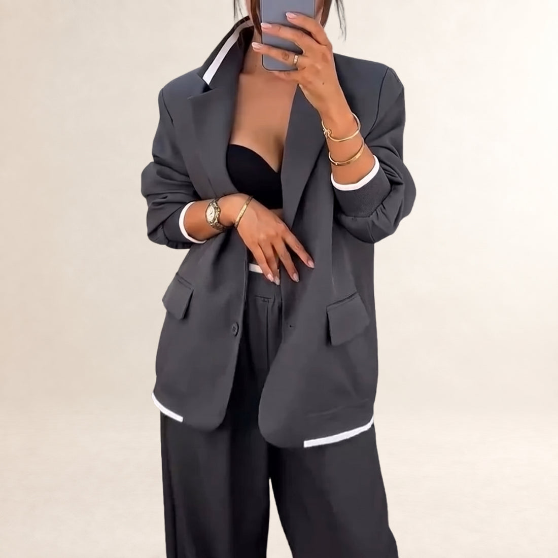 Blazer & Wide-Leg Pants Set for Women - Single-Button Lapel Blazer, Elastic-Waist Trousers with Flap Pockets and Contrast Trim, Relaxed Fit