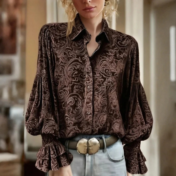 Blouse for women, button-front long-sleeve with pintucks and flared ruffle cuffs, relaxed fit, paisley print