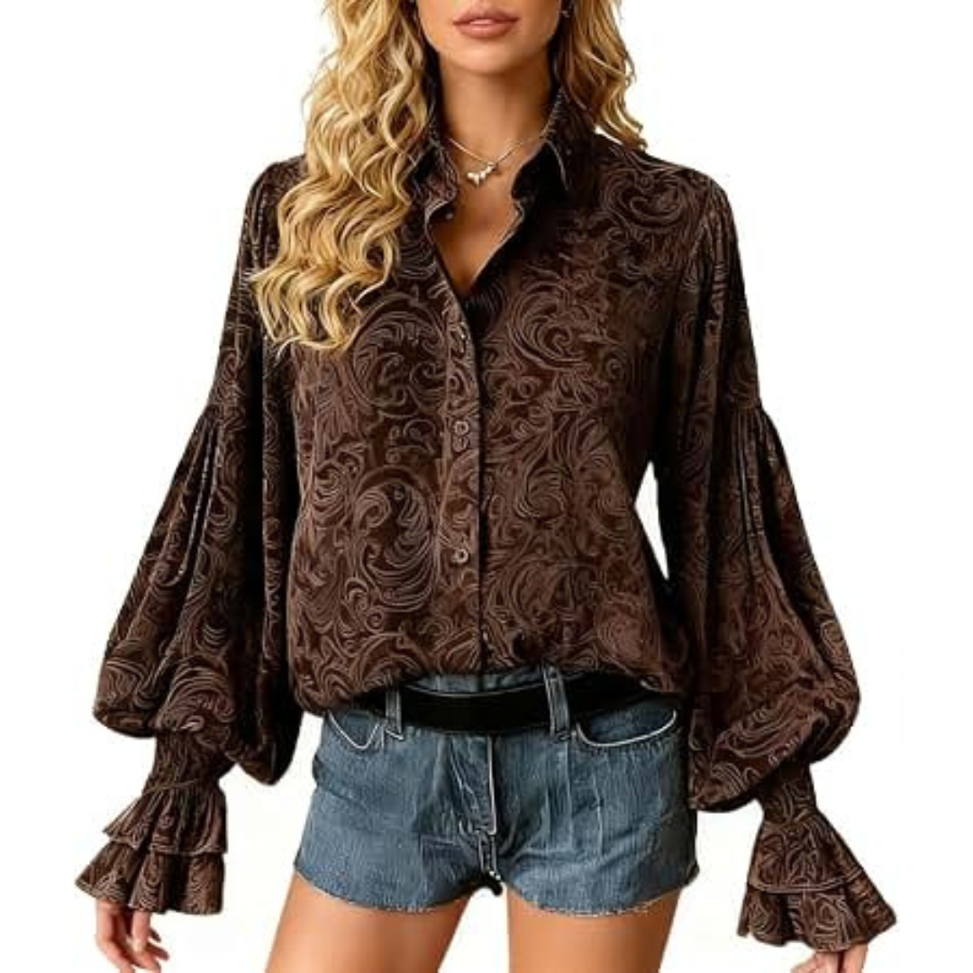 Blouse for women, button-front long-sleeve with pintucks and flared ruffle cuffs, relaxed fit, paisley print