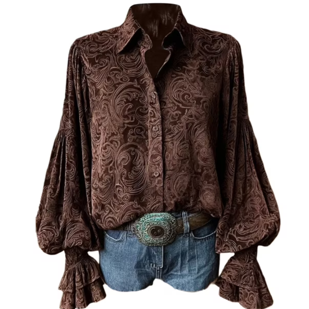 Blouse for women, button-front long-sleeve with pintucks and flared ruffle cuffs, relaxed fit, paisley print