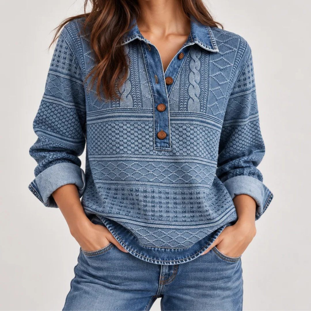 Blouse for Women, Contrast Collar & Cuff, Long Sleeve with Partial Button Placket, Relaxed Fit