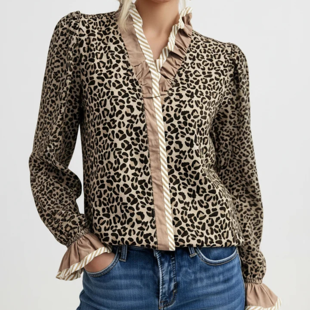 Blouse, Women's Leopard-Print Ruffle-Trim V-neck with Long Puff Sleeves - Relaxed Fit