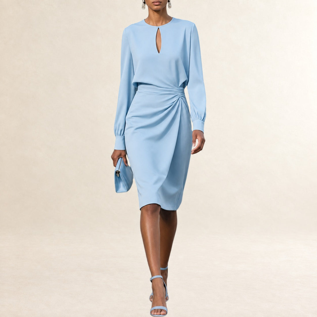 Dress for Women, Knee-Length Long-Sleeve - Round-Neck Keyhole, Side Ruched Draped Waist, Regular Fit