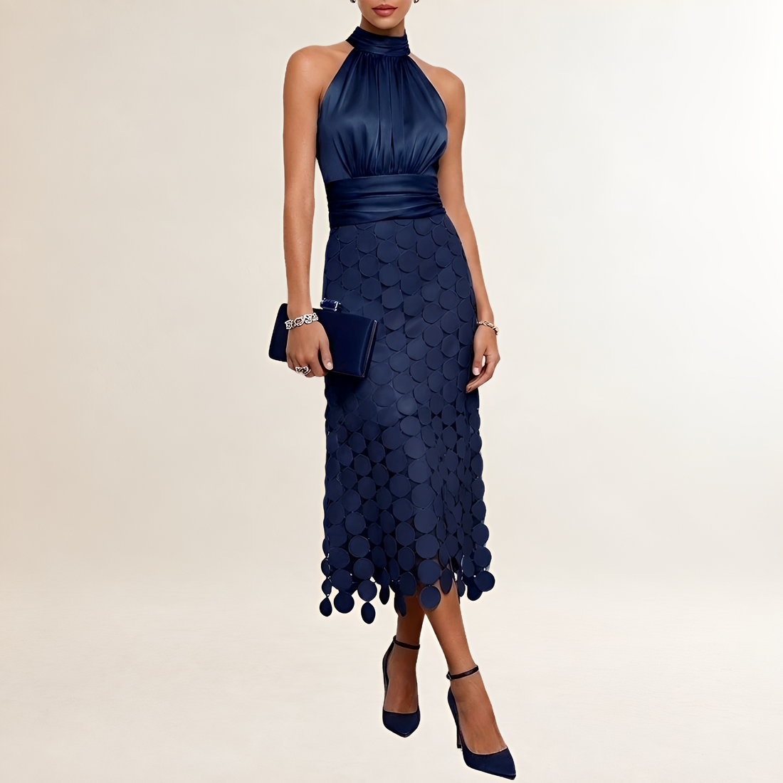 Dress for Women Ruched Halter High Neck Sleeveless Midi with Wide Cinched Waist and Circle-Appliqué Scalloped Hem
