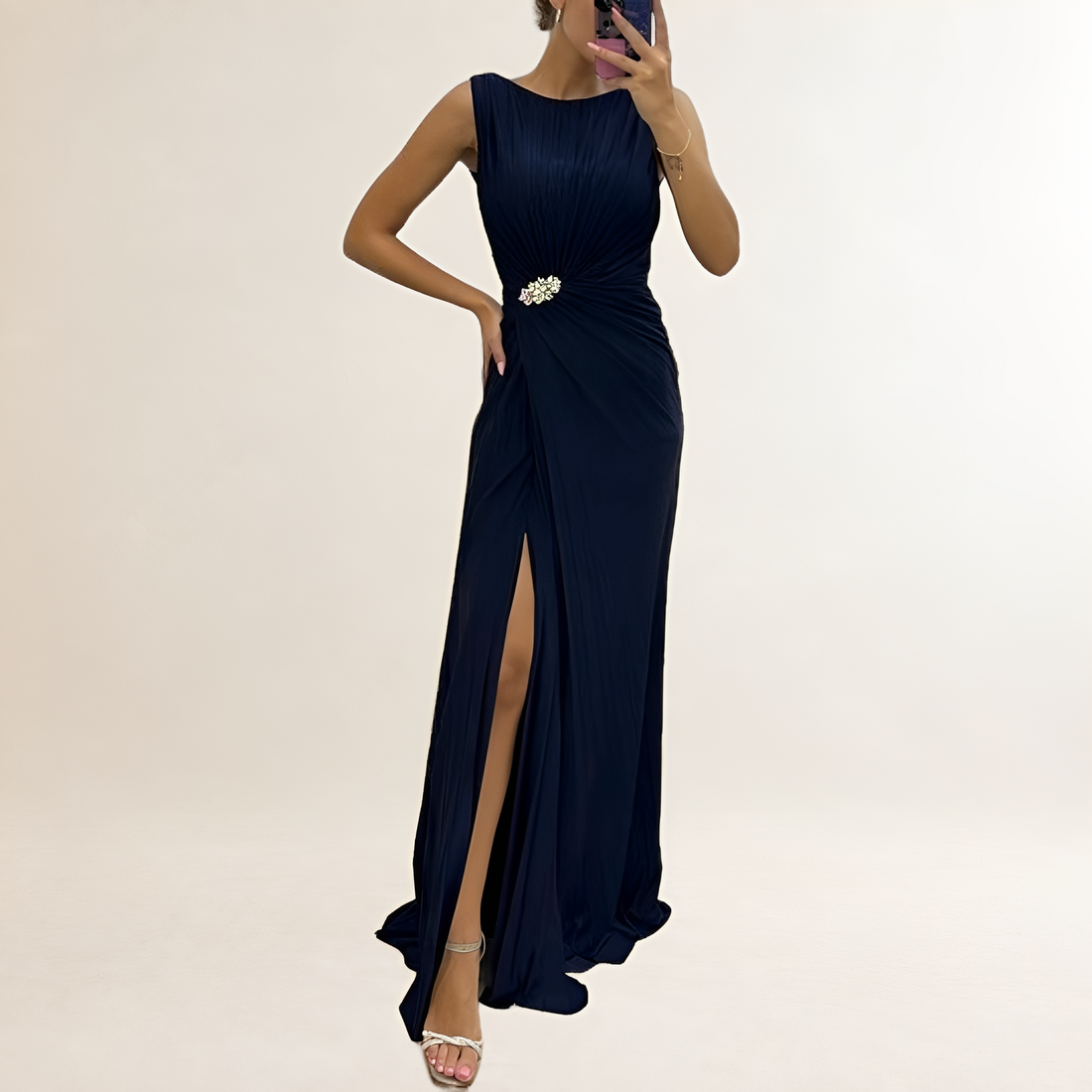 Evening maxi dress women's pleated sleeveless with round neckline, twist waist and jeweled brooch, thigh-high slit