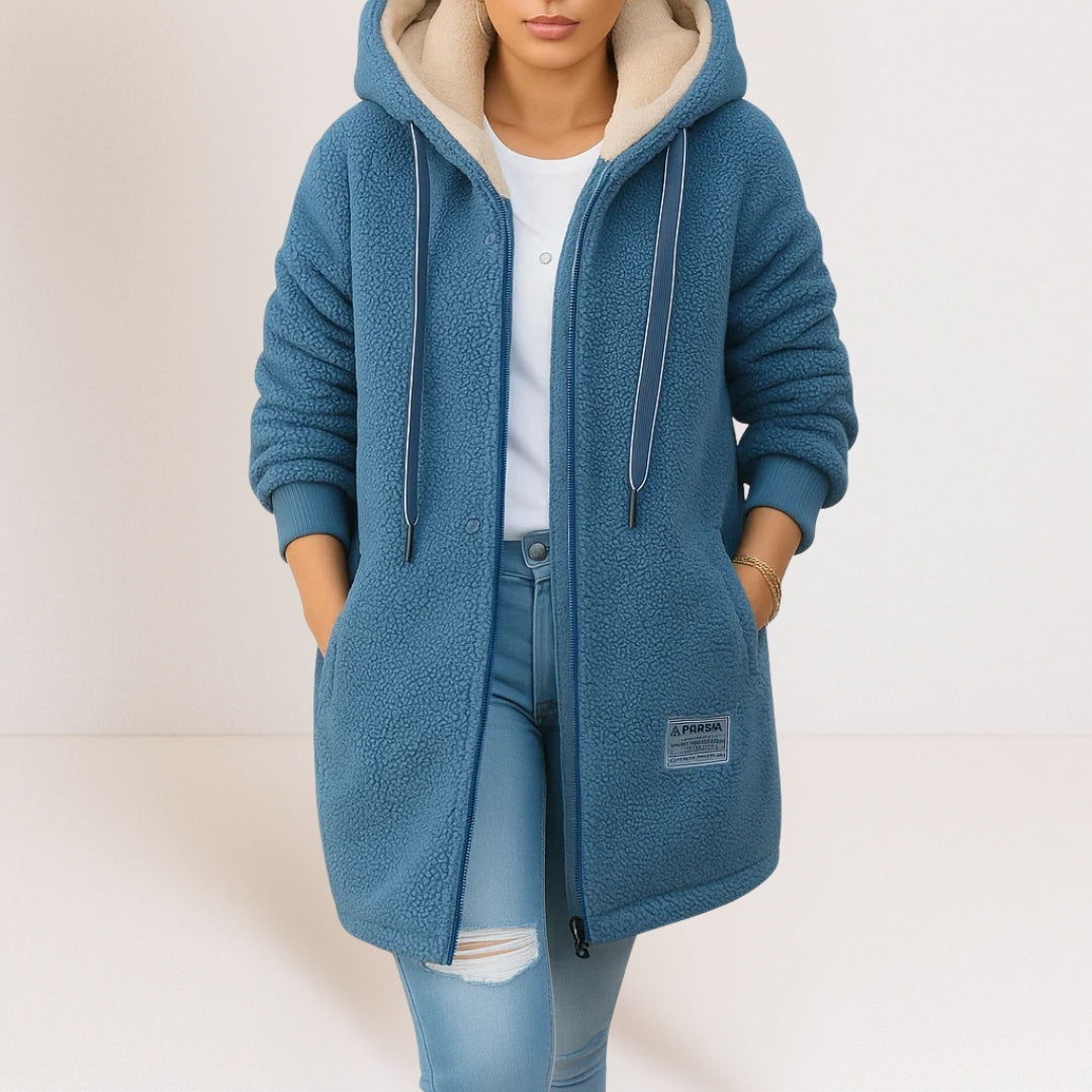 Jacket - Women's Hooded Longline with Zip Front, Drawstring Hood, Patch Pockets & Ribbed Cuffs, Relaxed Fit