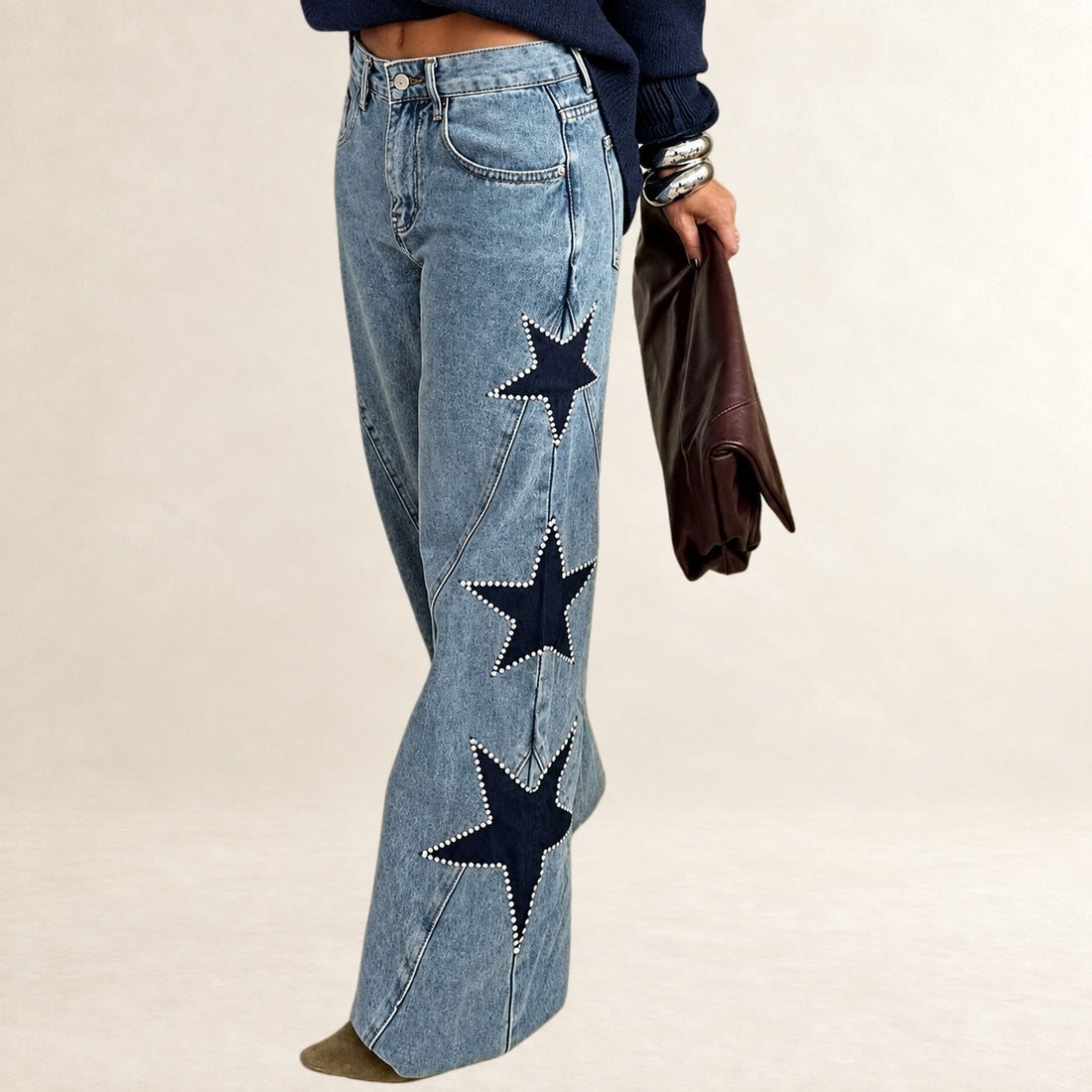 Jeans for Women Mid-Rise Wide-Leg with Side Star Appliqués and Stud Trim, Zip Fly