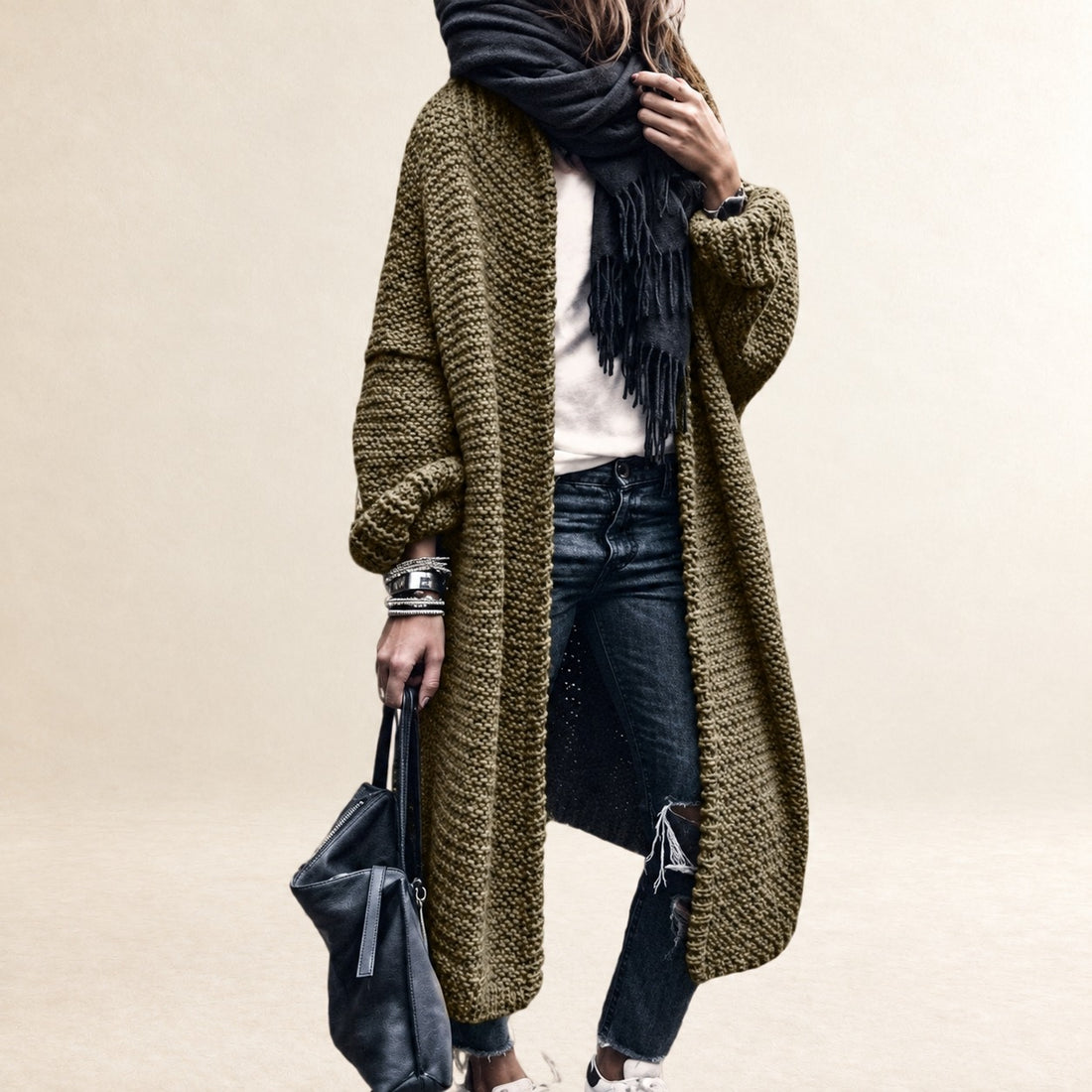Longline Open-Front Cardigan, Women's Oversized Long-Sleeve Drop-Shoulder