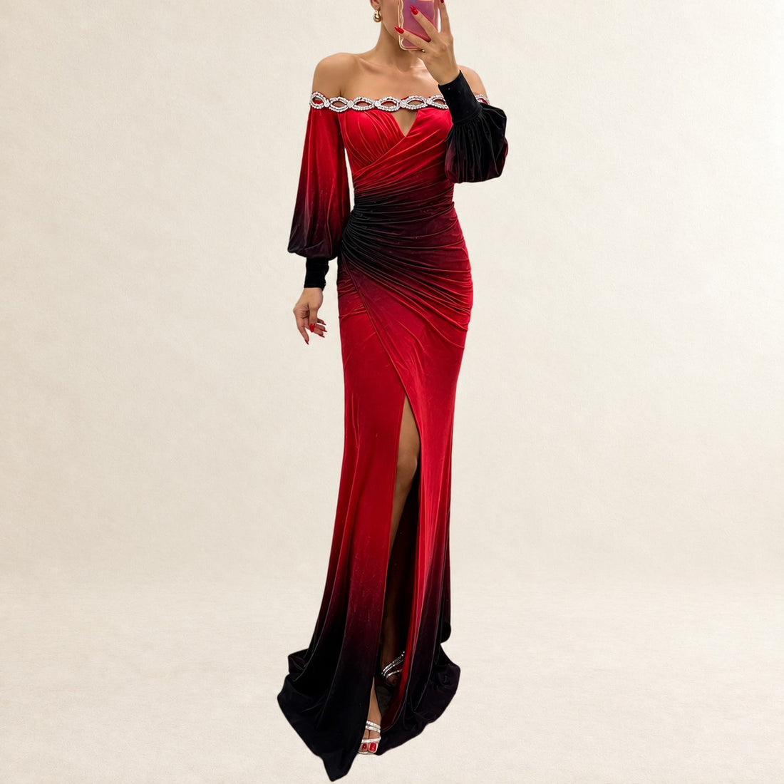 Maxi dress, Women's off-shoulder with gem-trim boat neckline, ruched wrap bodice, long puff sleeves and front slit