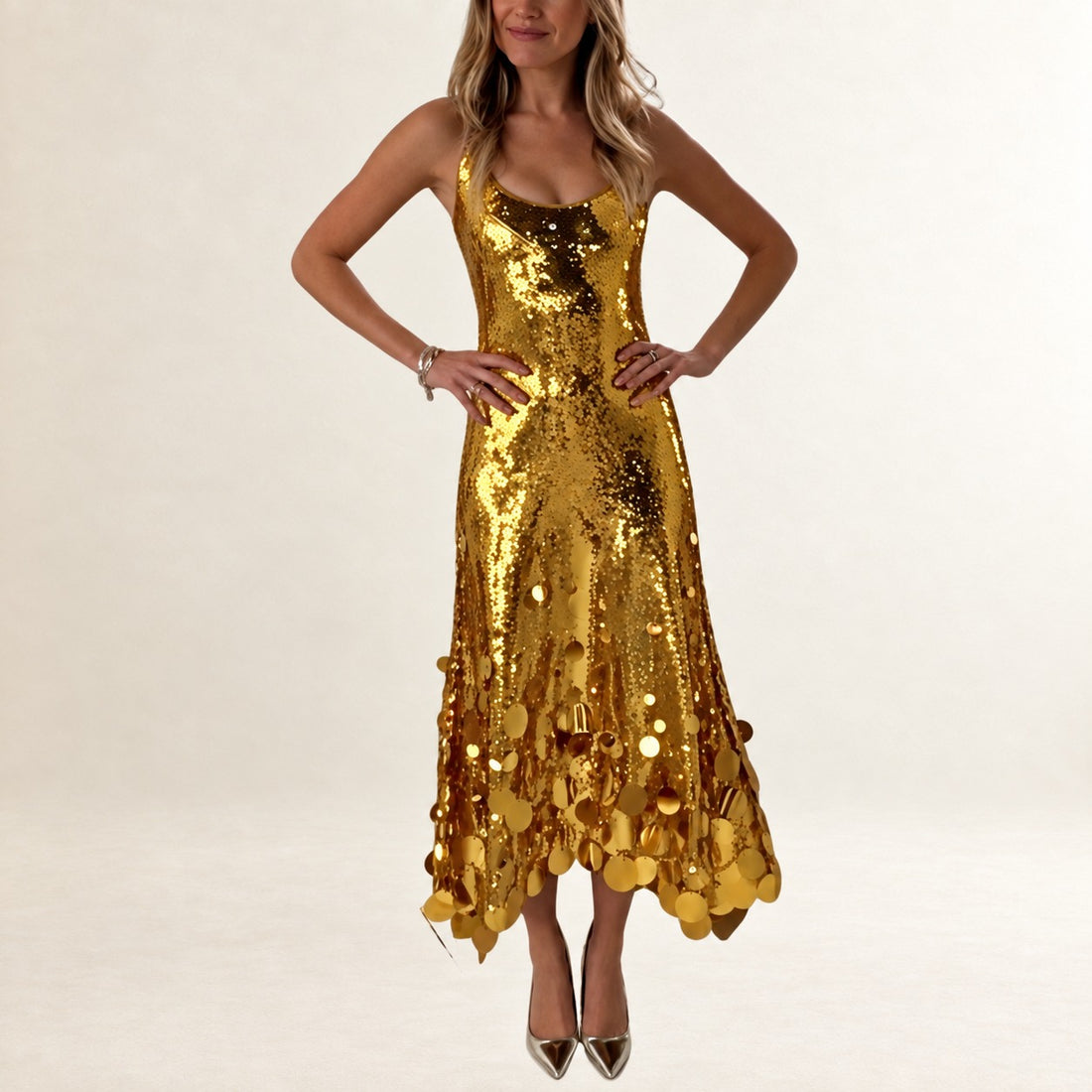 Maxi dress, Women's scoop-neck sleeveless ankle-length with reflective disc-hem, flared fit