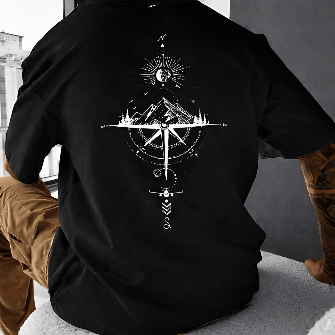 Men's Crew Neck Short Sleeve T-Shirt with Compass & Mountain Back Graphic, Regular Fit