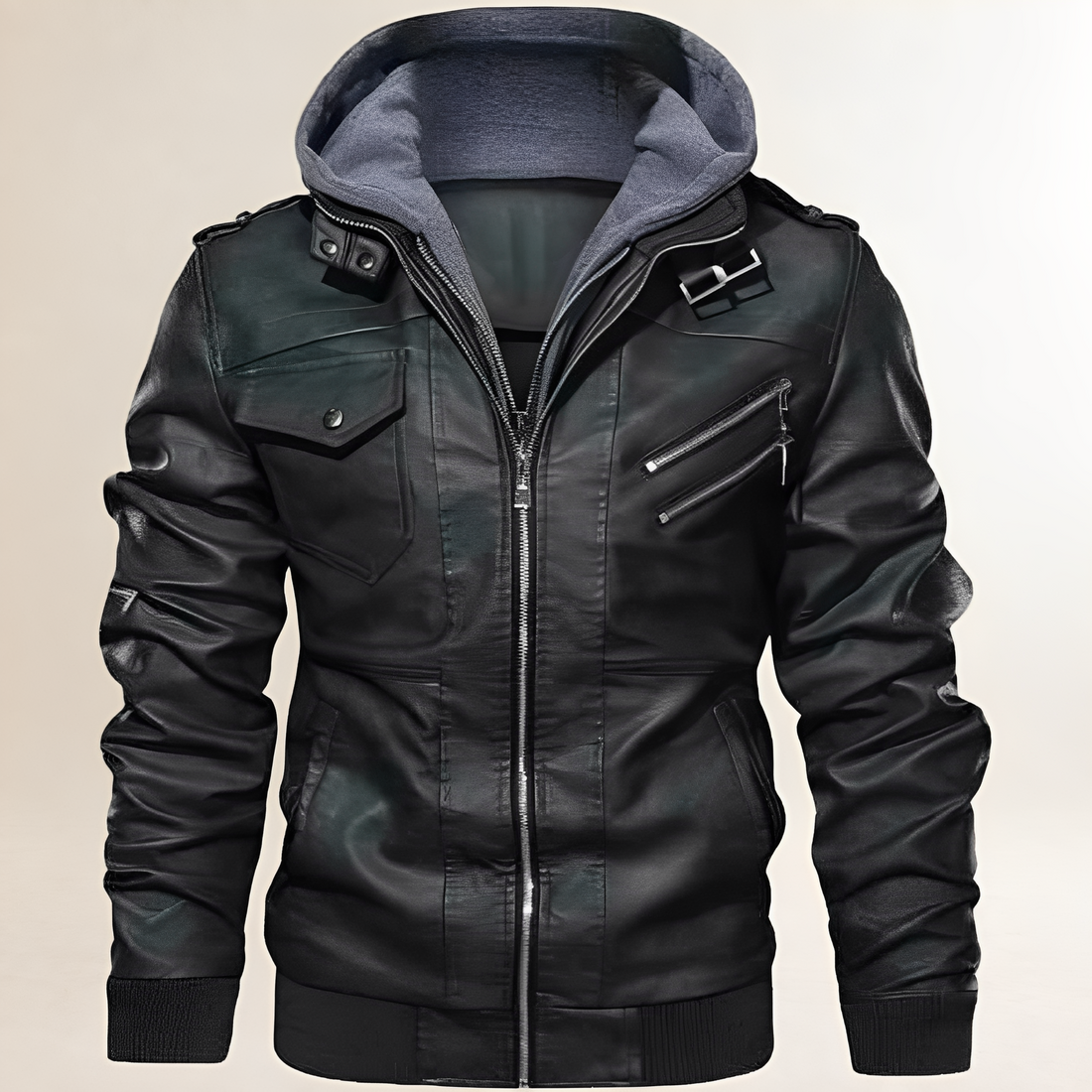 Men's Hooded Zip-Front Jacket with Quilted Shoulder Panels, Epaulettes & Ribbed Hem