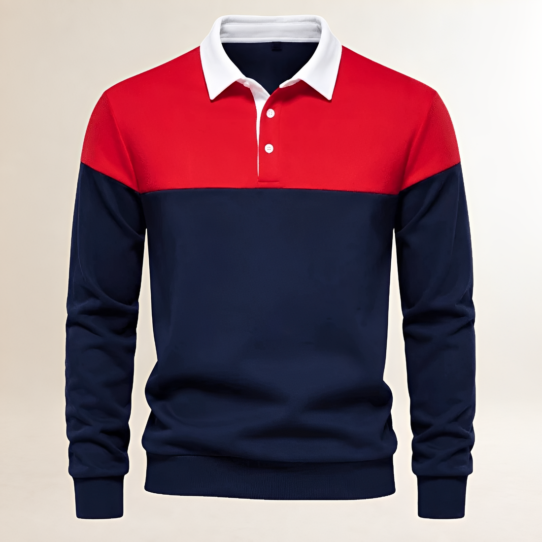 Men's Long-Sleeve Polo with Contrast Collar, Button Placket and Colorblock Yoke, Regular Fit