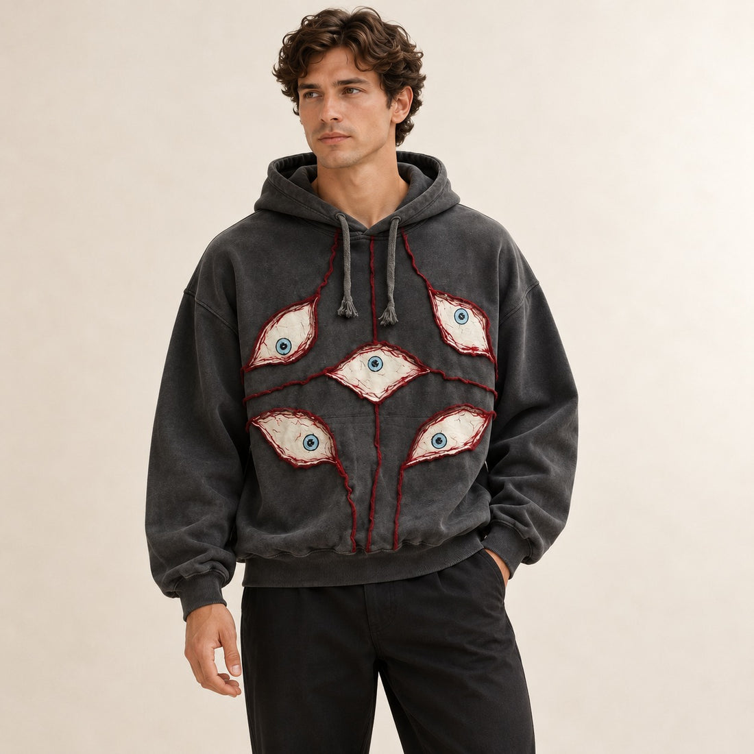 Men's Pullover Hoodie Harajuku Eye Patchwork Applique with Drawstring Hood, Cropped Oversized Fit