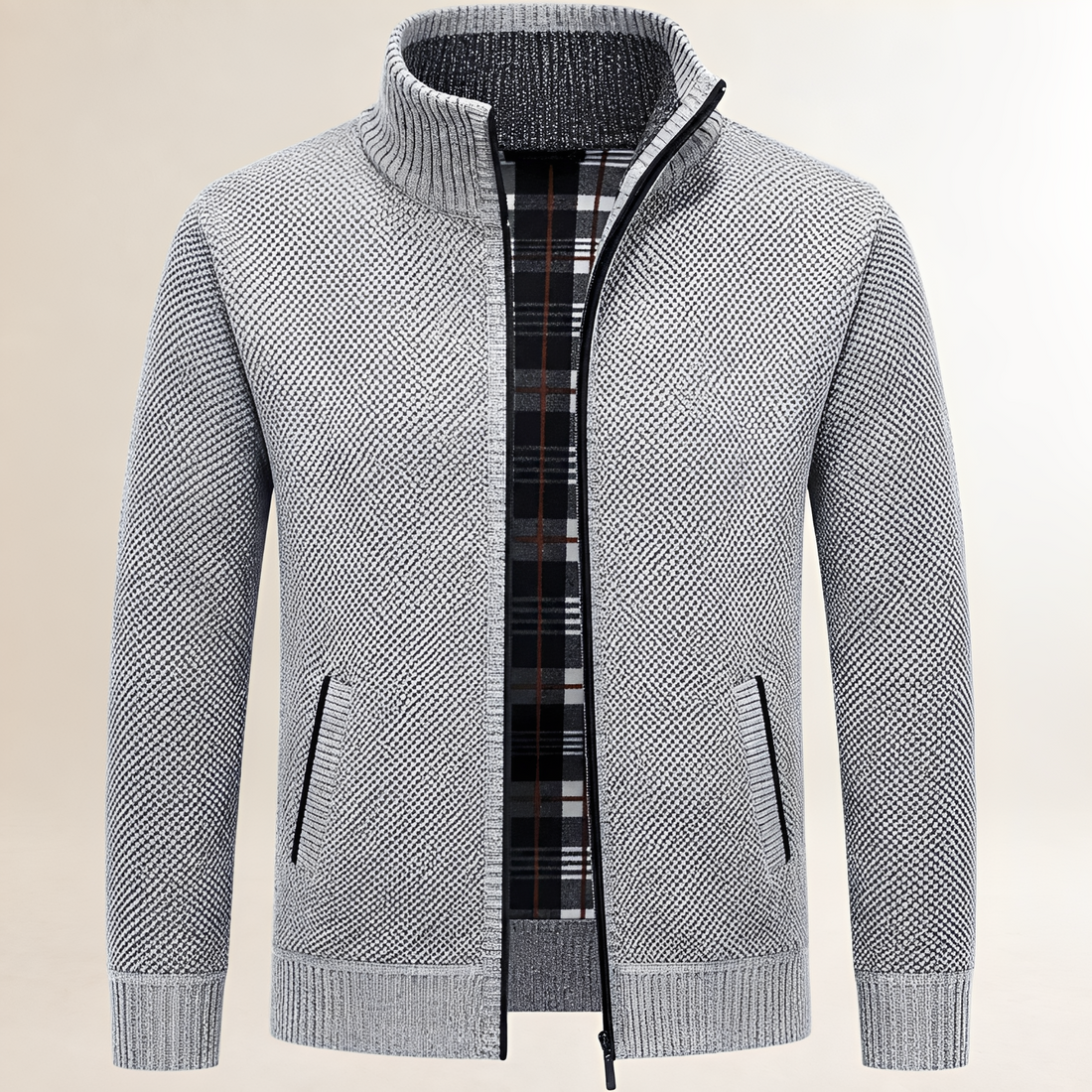 Men's zip-front sweater with stand collar, plaid inner lining, ribbed cuffs & hem, relaxed fit