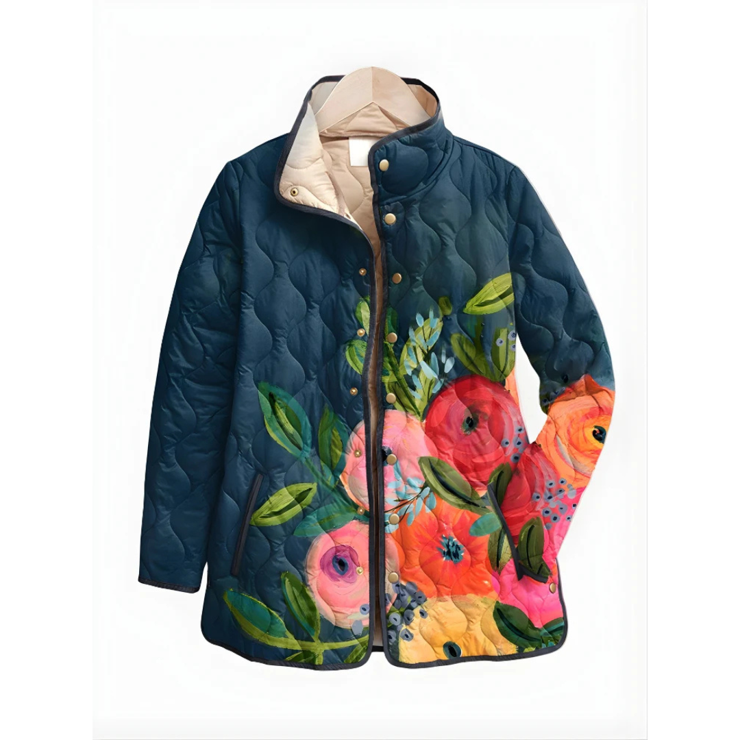 Quilted Jacket - Women's Printed Snap-Front with Stand Collar, Hip-Length, Piped Trim & Welt Pockets