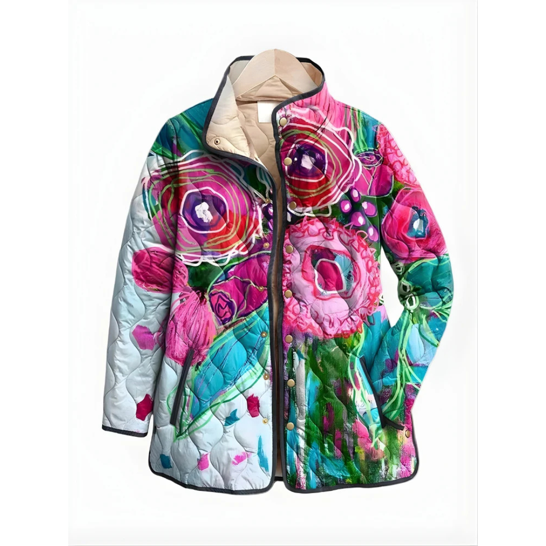 Quilted Jacket - Women's Printed Snap-Front with Stand Collar, Hip-Length, Piped Trim & Welt Pockets