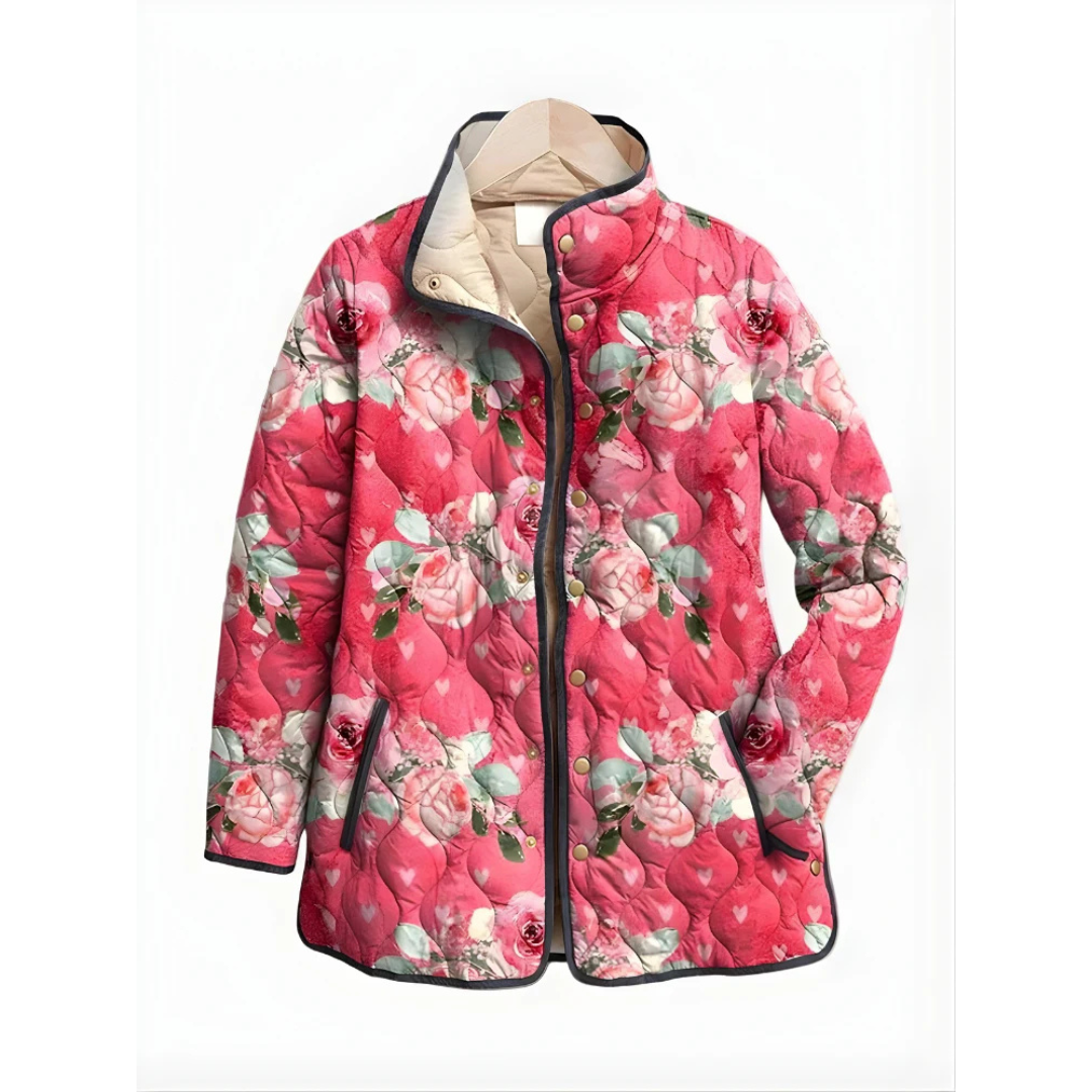 Quilted Jacket - Women's Printed Snap-Front with Stand Collar, Hip-Length, Piped Trim & Welt Pockets