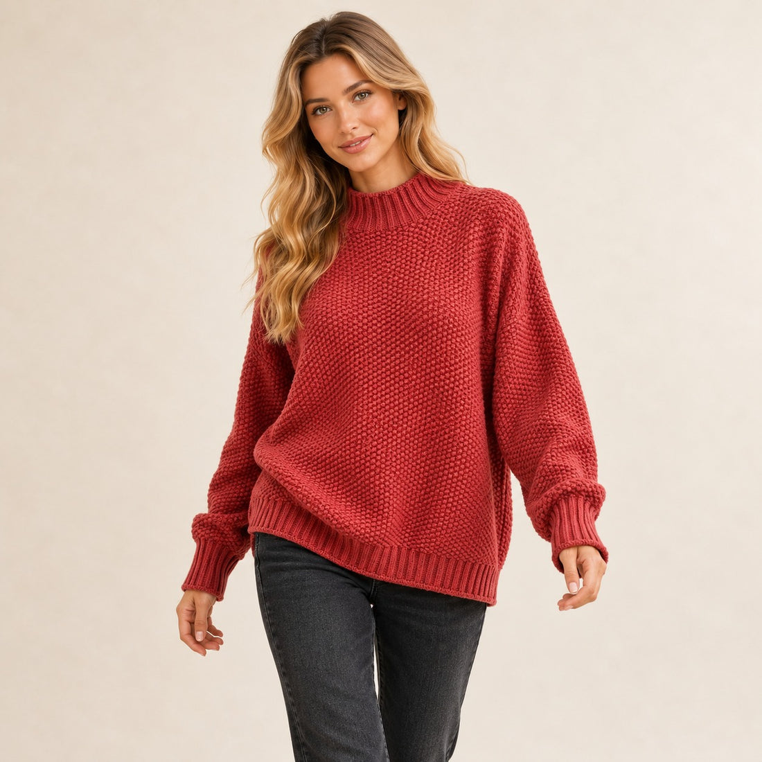 Sweater for Women, Ribbed Mock Neck, Textured Stitch Pattern, Relaxed Drop-Shoulder Fit