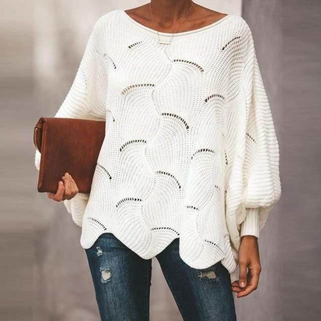 Sweater Women Oversized Boat Neck Balloon Sleeves Scalloped Hem Openwork Ribbed Cuffs
