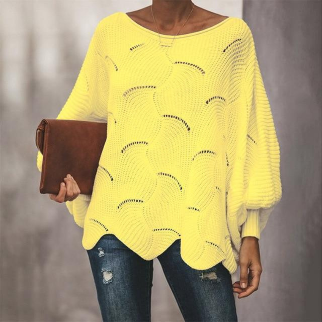 Sweater Women Oversized Boat Neck Balloon Sleeves Scalloped Hem Openwork Ribbed Cuffs
