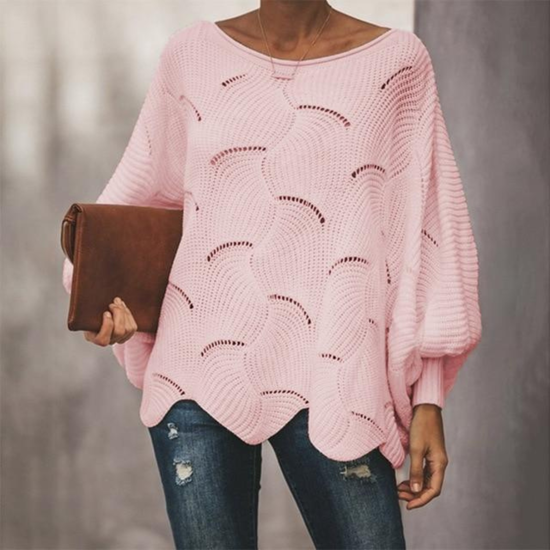 Sweater Women Oversized Boat Neck Balloon Sleeves Scalloped Hem Openwork Ribbed Cuffs
