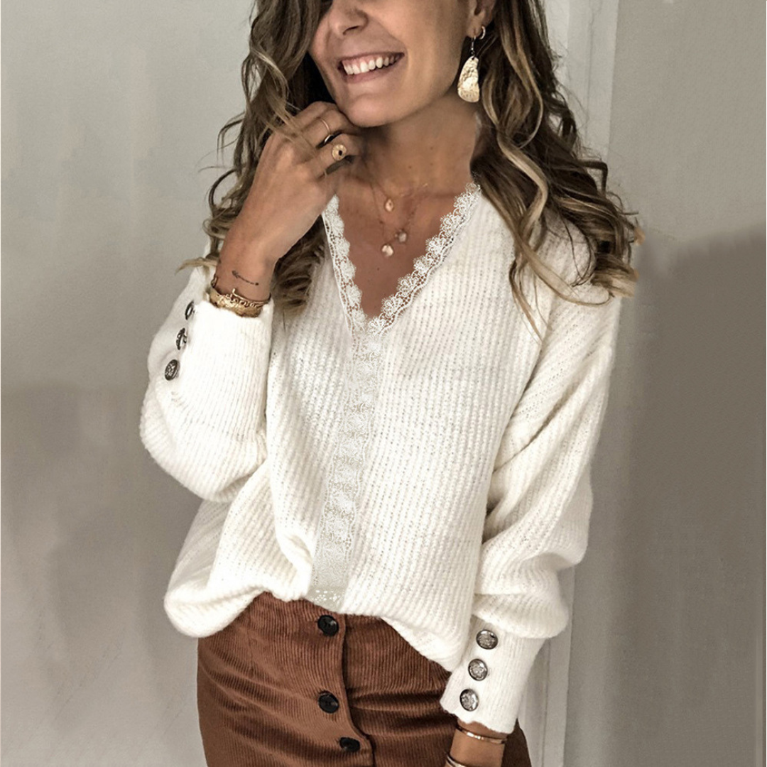Sweater Women's V-neck Lace-Trim Center Panel, Long Sleeve with Cuff Buttons, Relaxed Fit